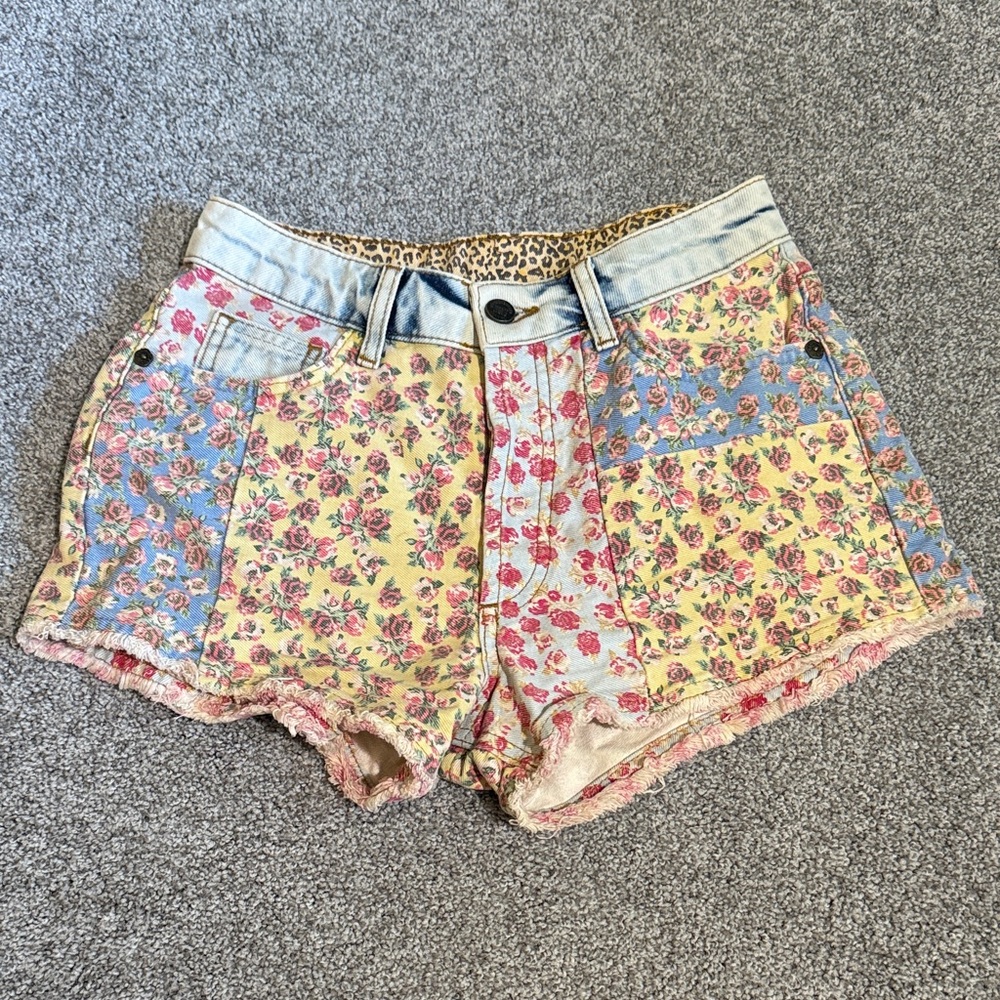 Farm Rio by Anthropologie Floral Patchwork Denim Shorts